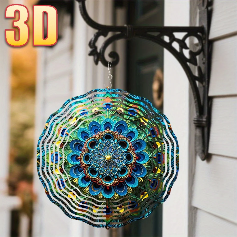 3D Peacock Feather Mandala Wind Spinner - 10 Inch Double Sided Metal Art with 360 Swivel Hook for Garden Lawn Decor Gift