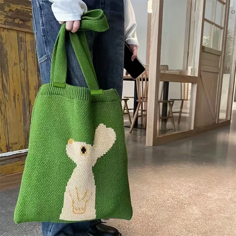 Green Knitted Rabbit Tote Bag Stylish Rabbit Knitted Bag Portable Shopping Shoulder Bag Gift Bag Female Package