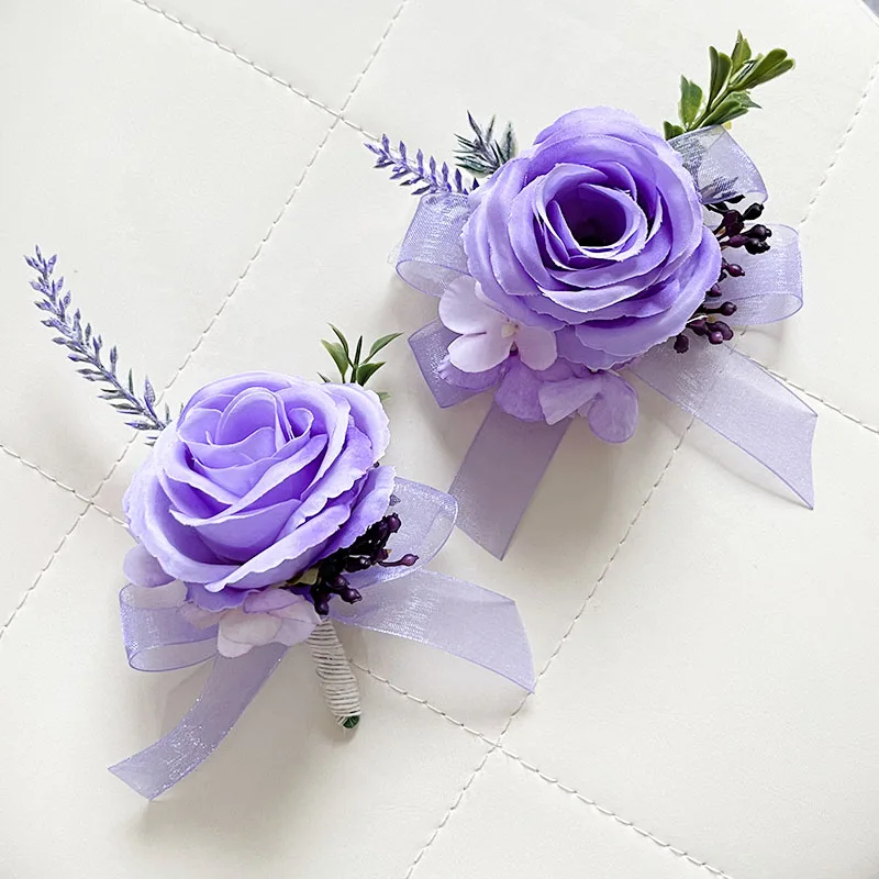 Purple Corsage Boutonniere Wedding Accessories Buttonhole Flowers Girlfriend Lavender Artificial Roses Prom Boyfriend Decoration