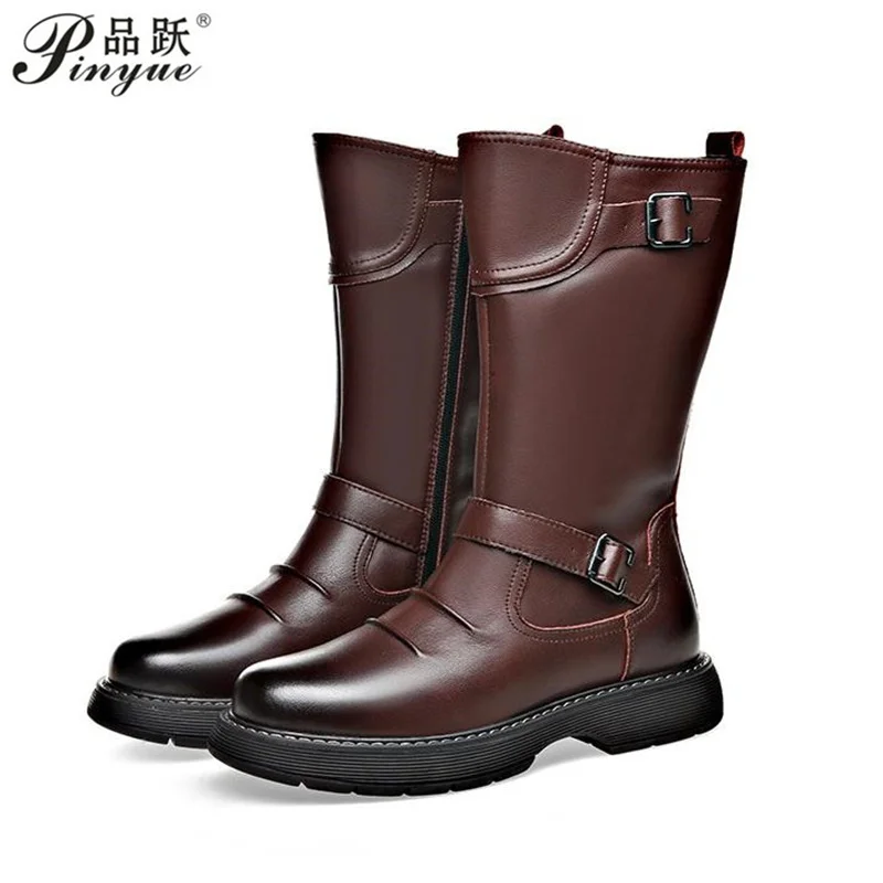 Men's Soft Leather Thick Soled Leather Motorcycle Rider High Barrel High Collar Plush Foreign trade plus-size Long Boots 38-44