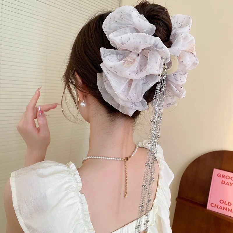 Pinza de pelo de malla multicapa para mujer, horquilla de agarre de borla de pajarita, pinza de pelo de tiburón, accesorios para el cabello para niña