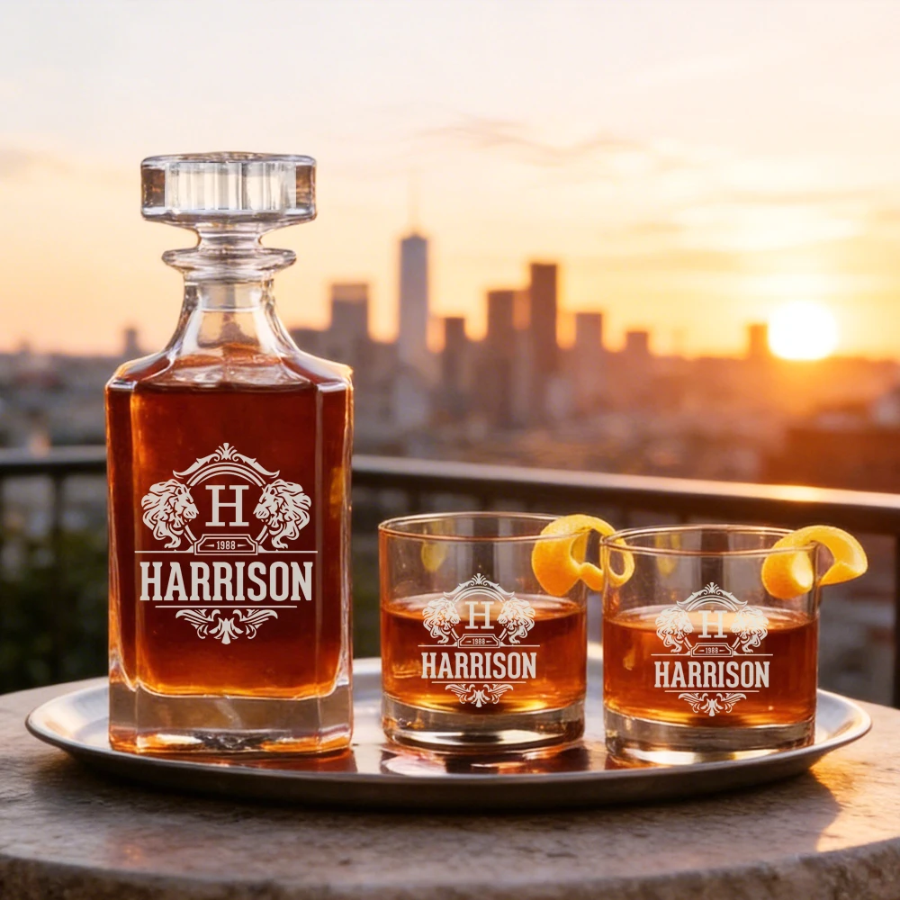 

Personalized Whiskey Bottle and Whiskey Glasses, Custom Whiskey Decanter Set, Retirement Gift, Graduation Gift, Groomsmen Gift