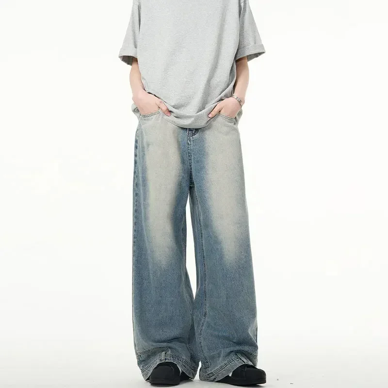 

Jeans Men Floor Length Pants Denim Pant Loose Casual Regular High Waist Straight Trousers Splice Button Zipper Autumn 2024