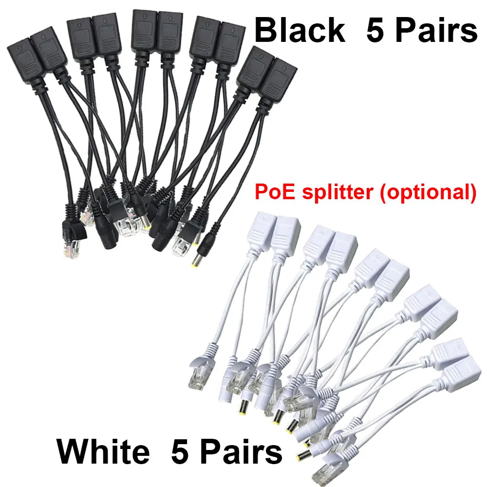 Passive PoE Injector and PoE Splitter Kit with RJ45 Ethernet and Power via DC 5.5x2.1 mm F/M Adaptor Connector 5 Pairs