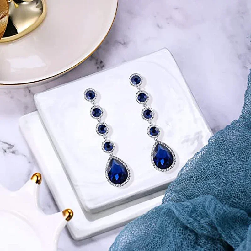 New Boucles D'oreilles Longues En Zircone Cubique Bleue, Accessoires De Luxe Pour Femmes, Bijoux De Caractère Pour Fête De