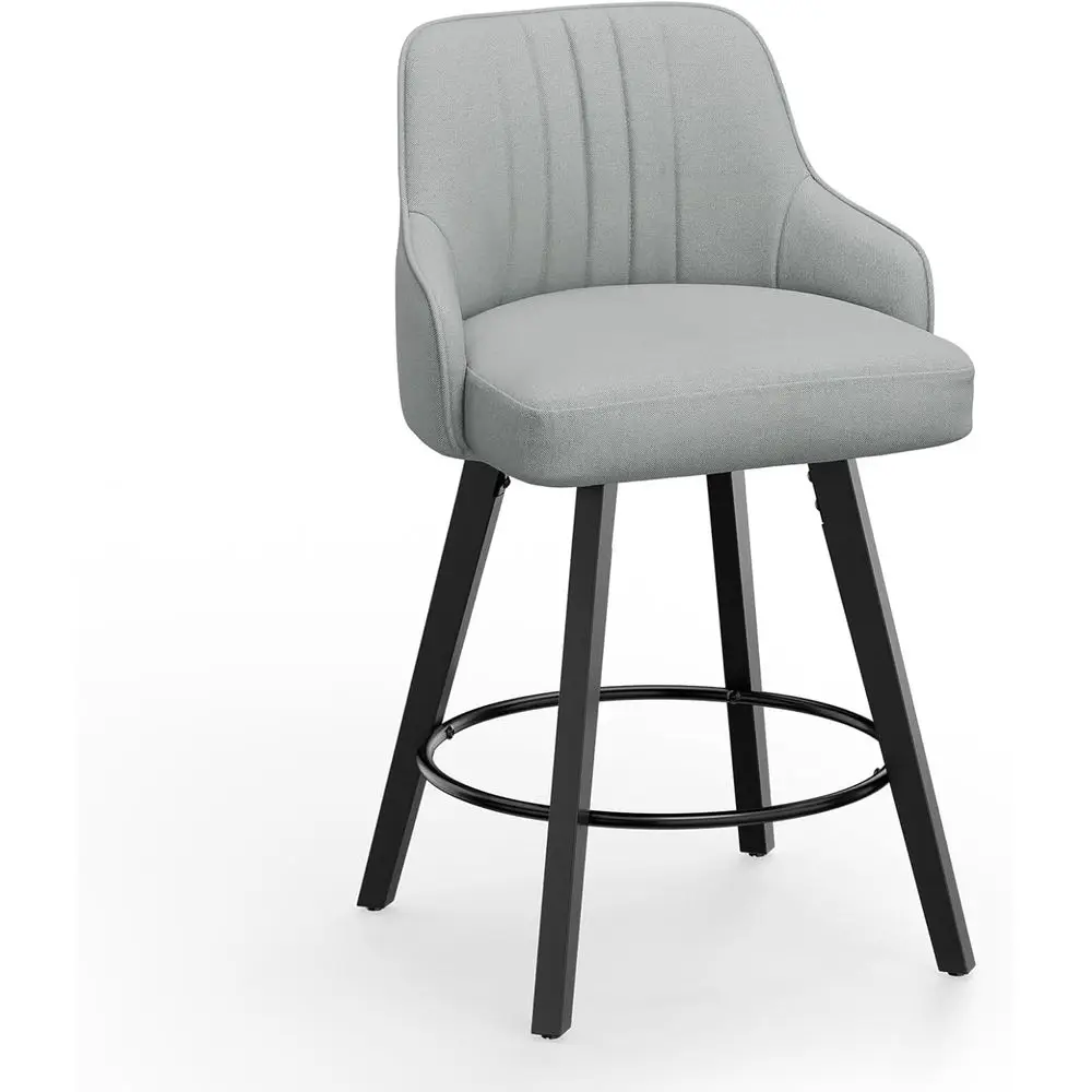

Set of 1 Linen-Upholstered Swivel Bar Stool with Cushion, Grey, Solid Wood Legs, Kitchen Counter Height