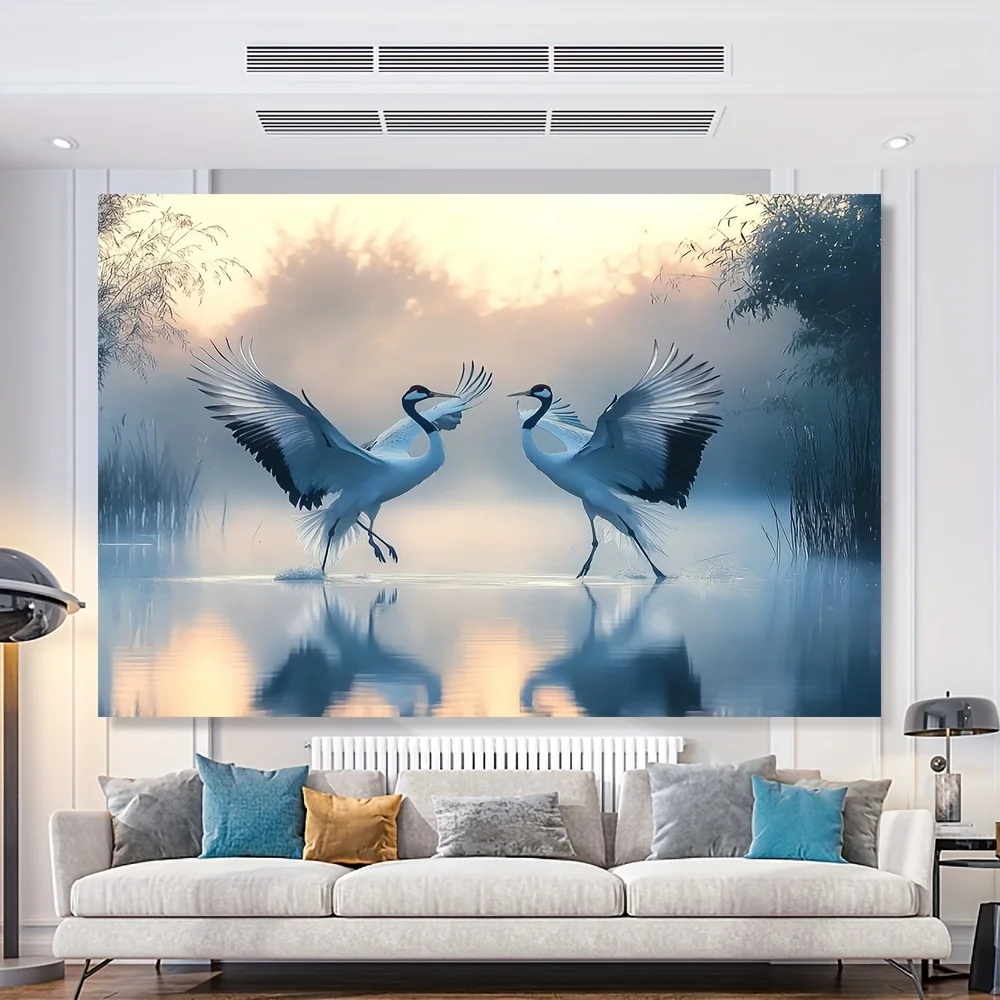 Chinese Style Red-crowned Crane Dance Tapestry, Misty Lake Sunset Wall Hanging, Oriental Zen Art Living Room Bedroom Decor