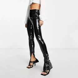 High Waist Faux Latex Trousers for Women Ladies Wet Look Patent Leather Pants Streetwear Hem Side Split Stretch Slim PVC New