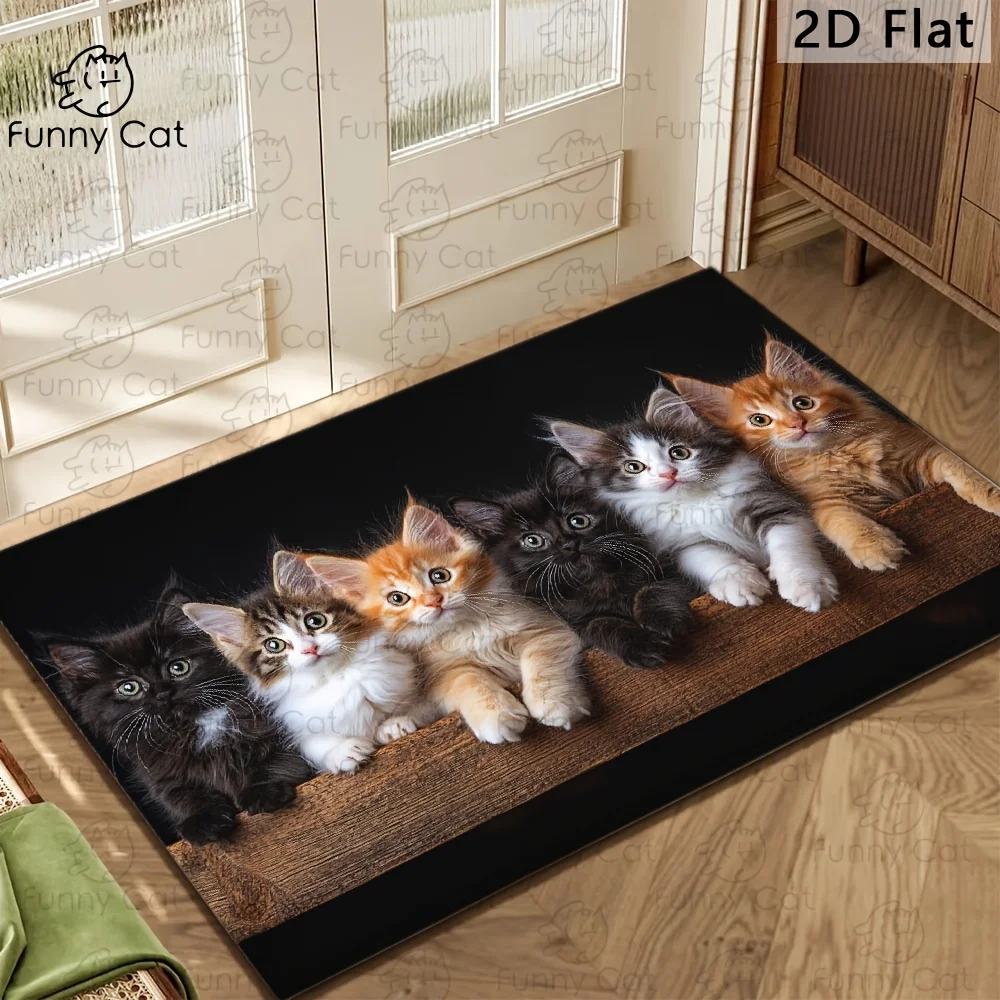 1pc 2D Flat Row Of Cute Kittens Funny Cat Faces Flannel Door Mat Non Slip Animal Lover Rug For Entryway Living Room Floor Decor