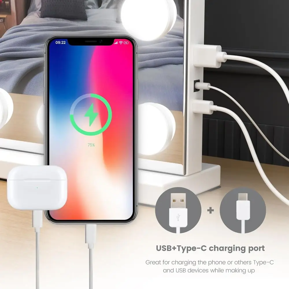 مرآة فانيتي هوليوود 32 × 24 مع تكبير 10 مرات، 24 لمبة LED في 3 ألوان، قابلة للتعتيم، قابلة للفصل، حامل على الحائط أو الطاولة، Wh #4