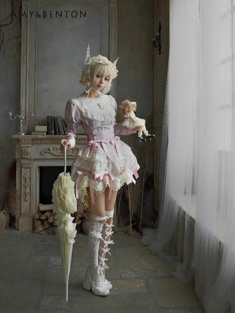 الحلو كول الوردي المطبوعة الدانتيل التعادل ضئيلة طويلة الأكمام رفع هيم قميص كعكة تنورة مجموعة ثقافة فرعية القوطي قطعتين مجموعات الملابس النسائية #3