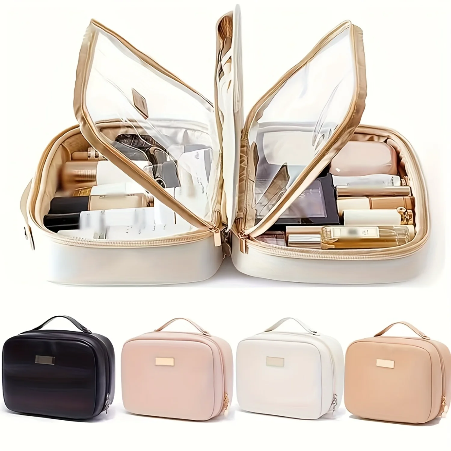 Travel Makeup Bag - PU Leather Double Layer Make Up Bag Clear Cosmetic Bag With Zipper, Large Makeup Bags For Women Cosmetic Toi