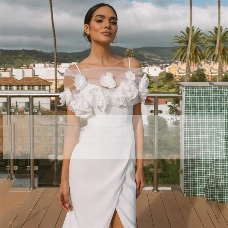 Abito da sposa da donna aperto sul retro con scollo a V diviso in raso fiore con cinturino per spaghetti abito da sposa Vestido De Noiva personalizza su misure