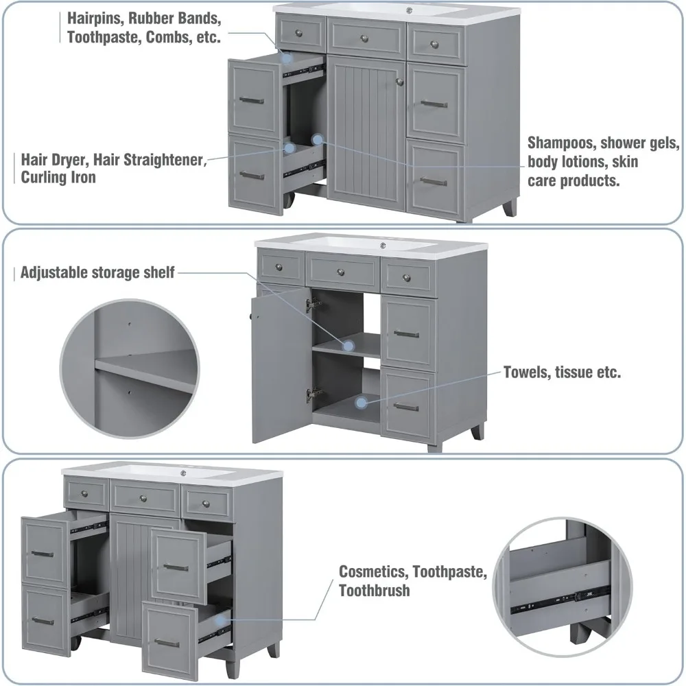 36 Inch Bathroom Vanity with Sink Countertop Combo Set, Single Sink with Soft Close Doors and Drawers, Bathroom Vanity