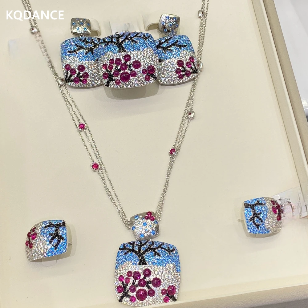 

KQDANCE High Craft винтажные желтые светло-голубые красные цветы кулон ожерелья большие и маленькие серьги кольца женский комплект изящных ювелирных изделий