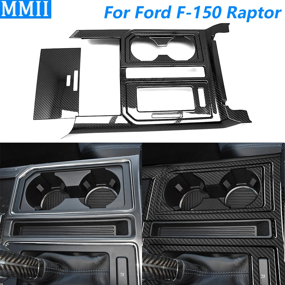 For Ford F-150 Raptor 2015-2020 Real Dry Carbon Fiber Gear Shift Water Cup Holder Panel Trim Cover Car Modification Accessories