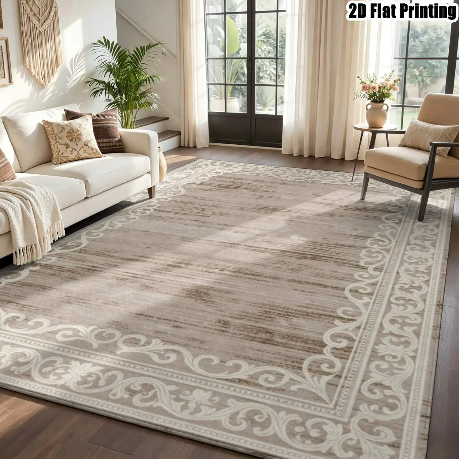 1Pc 2D Printed Carpet: Light Brown Scroll-Patterned Border, Retro & Modern Minimalist Design Multi-Size, Machine Washable, Ideal for Home Decor, Multi-Scene Use.