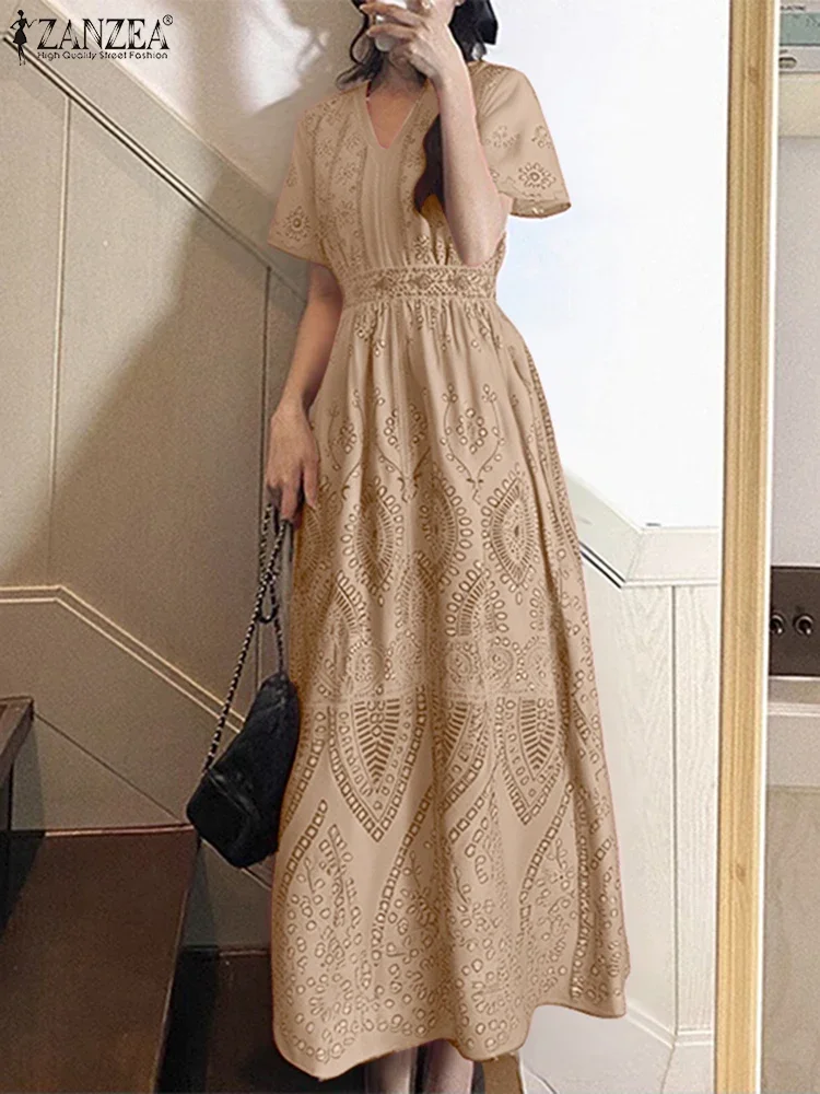 ZANZEA élégant Robe Maxi femmes à manches courtes imprimé bohème longues robes 2025 mode été col en v vacances fête Robe décontractée