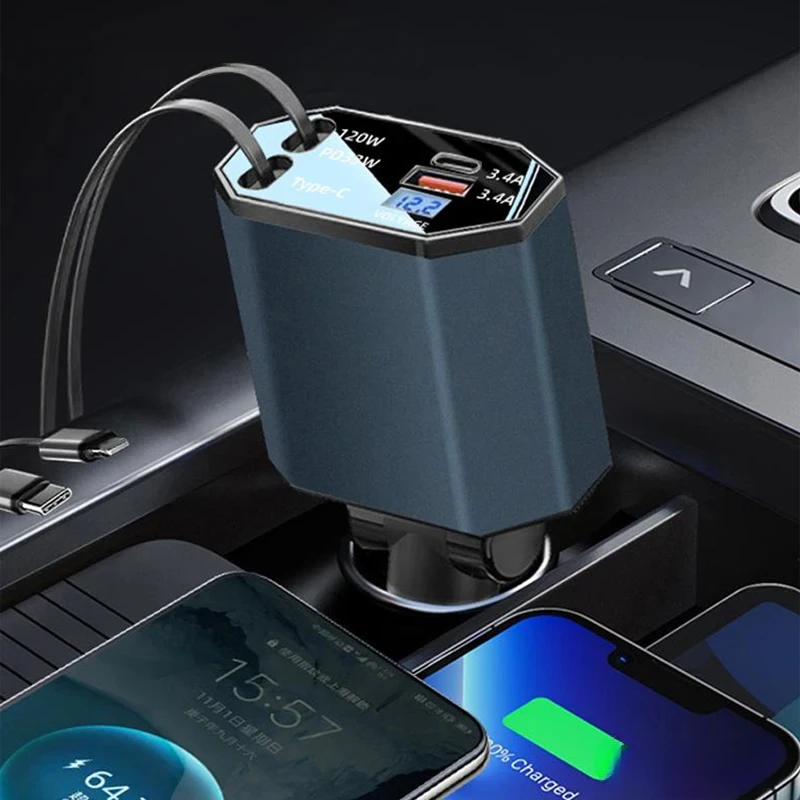 

SEAMETAL 12V Car Charger Super Fast Charging 120W Retractable Wire Dual USB Auto Cigarette Lighter Interface Adapter Plug Charge