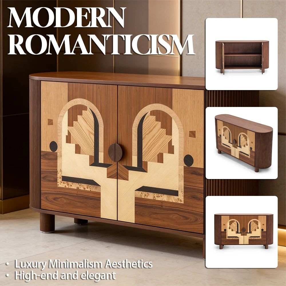 Decorated with wood inlay modern style groove decoration buffet table suitable for lockers and living rooms