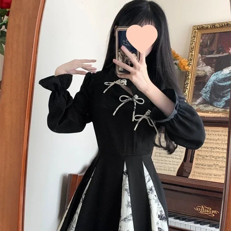 جديد النمط الصيني المرأة فستان تشيباو طويل التخسيس الخصر تصميم الركبة طول كم كامل الوقوف طوق الإمبراطورية الخصر فستان