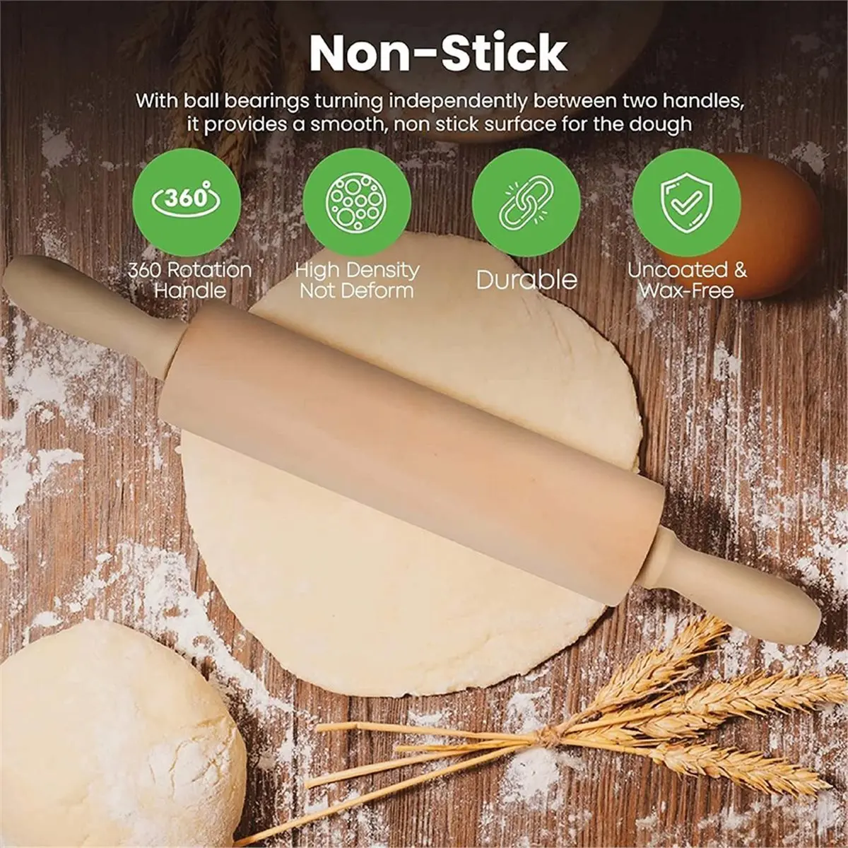 Premium Wooden Rolling Pin 16.5 Inches Ideal for Baking Pizza, Pasta, Cookies, and More Ergonomic Design C