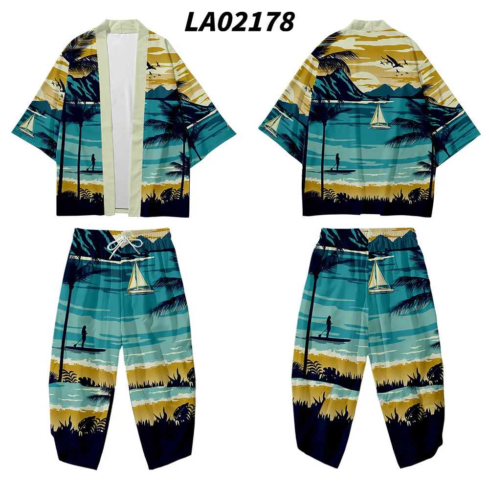 Fashion Print Chinese Style Robe Sets Japanese Harajuku Men Women Kimono Beach Cardigan Multicolor Haori Asian Clothes Pant