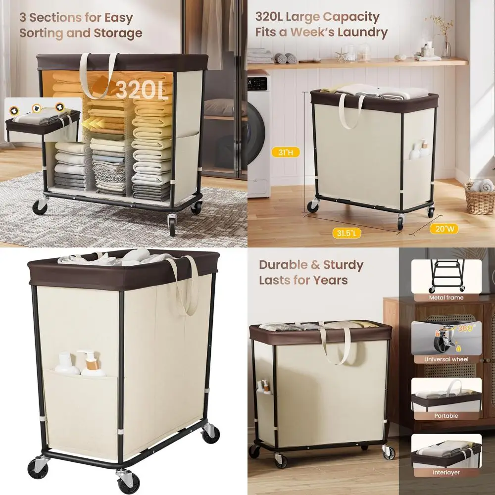 

Extra Large 3-Section Rolling Laundry Hamper with Wheels for Home, Dorm, and Bathroom (Beige)