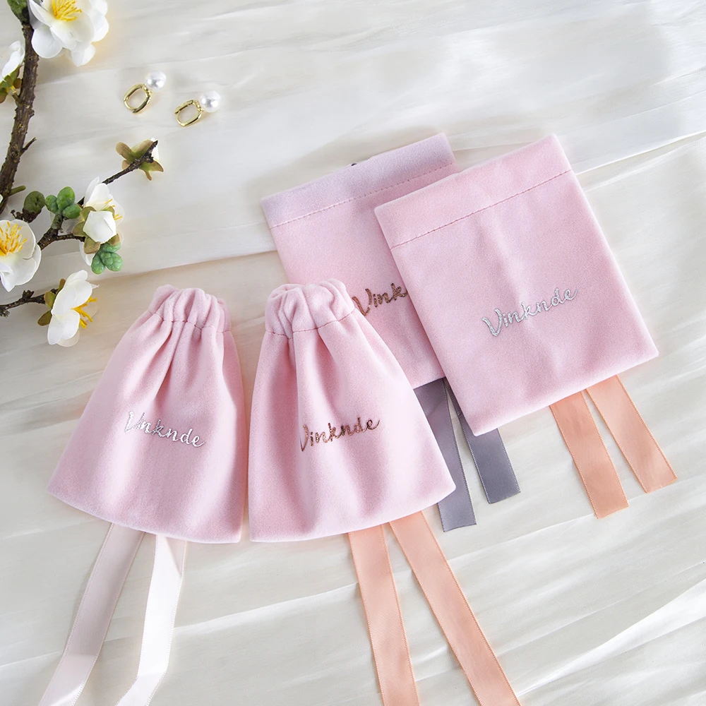 Custom Logo Versatile Pink Thick Velvet Jewelry Bags with Drawstring Ribbon Cosmetics Storage Perfume Packing Camera Care Pouch