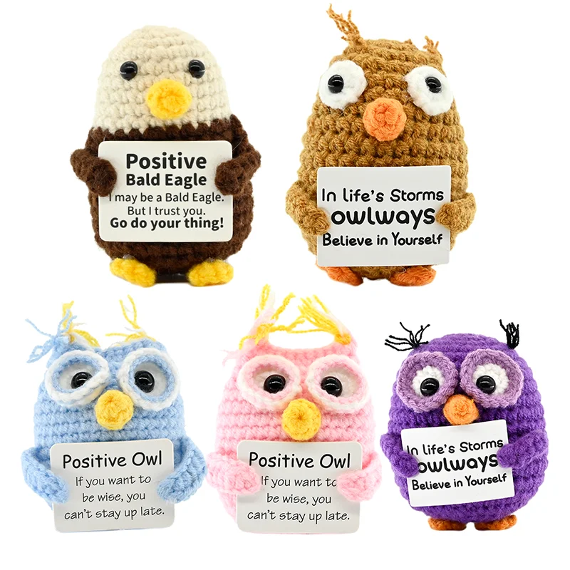 AnimalSeries - Poupée en crochet hibou et aigle à énergie positive, ornements décoratifs tricotés à la main avec carte d'encouragement, mini décoration de bureau, cadeau
