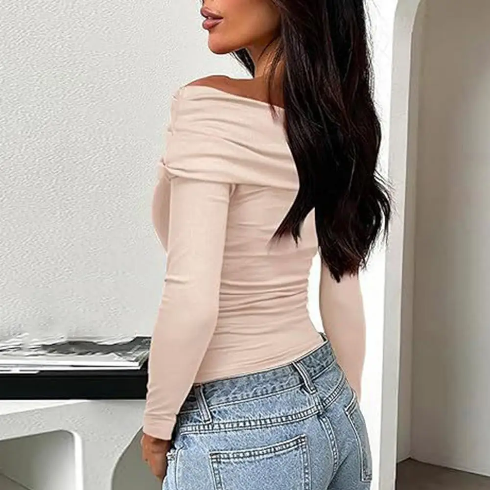 

Spring Autumn Top Elegant Off Shoulder Ruched Long Sleeve Tops for Women Commuting Style Slim Fit Comfort Fashionable for Going