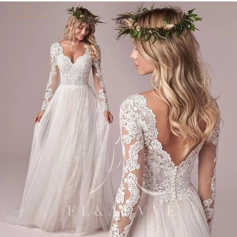 Boêmio mangas compridas vestido de casamento para mulheres espartilho baixo volta até o chão apliques de renda tule branco vestido de noiva