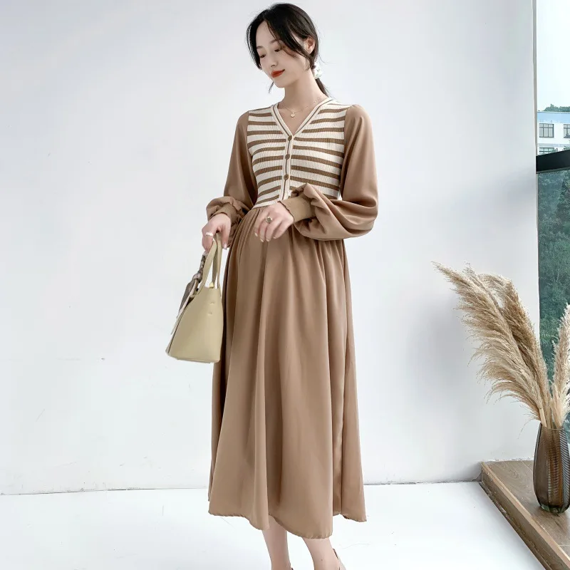 Pregnant woman stitching chiffon high-end air proton long sleeve stripe autumn knitting