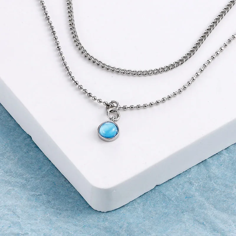 KOFSAC 925 Silver Necklace for Women Double Layer Clavicle Chain Shiny Crystal Blue Necklace Dainty Gift Valentine's Day Jewelry