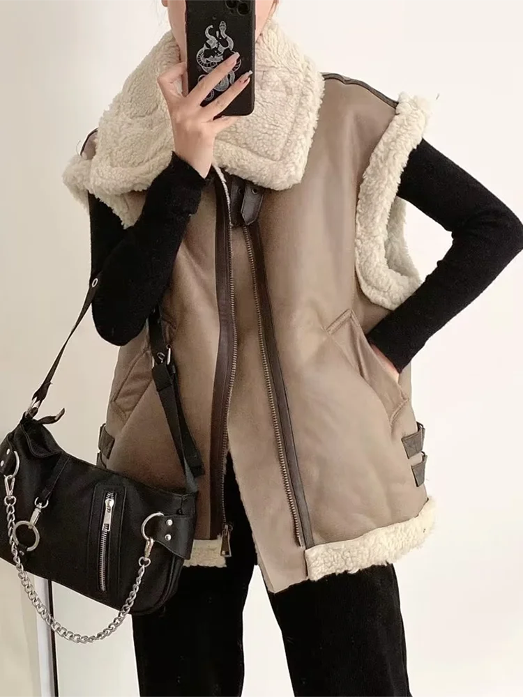Vintage Women Faux Leather Waistcoats 2023 Autumn-Winter Fashion Ladies Warm Thick Fleece Jackets Casual Female Chic Outerwear