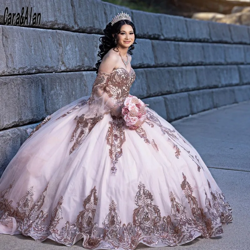 فساتين كارا وآلان الأنيقة من Quinceanera بأكمام قابلة للانفصال مزينة بالترتر Vestido adeltante 15 Anos على شكل قلب للفتيات فساتين الحفلات