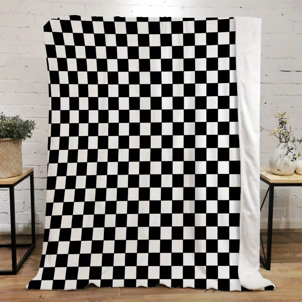 Black and White Plaid Modern Style Flannel Blanket, 100% Polyester - Ideal for Sofa, Napping, Air Conditioning, Bedding, Car Use