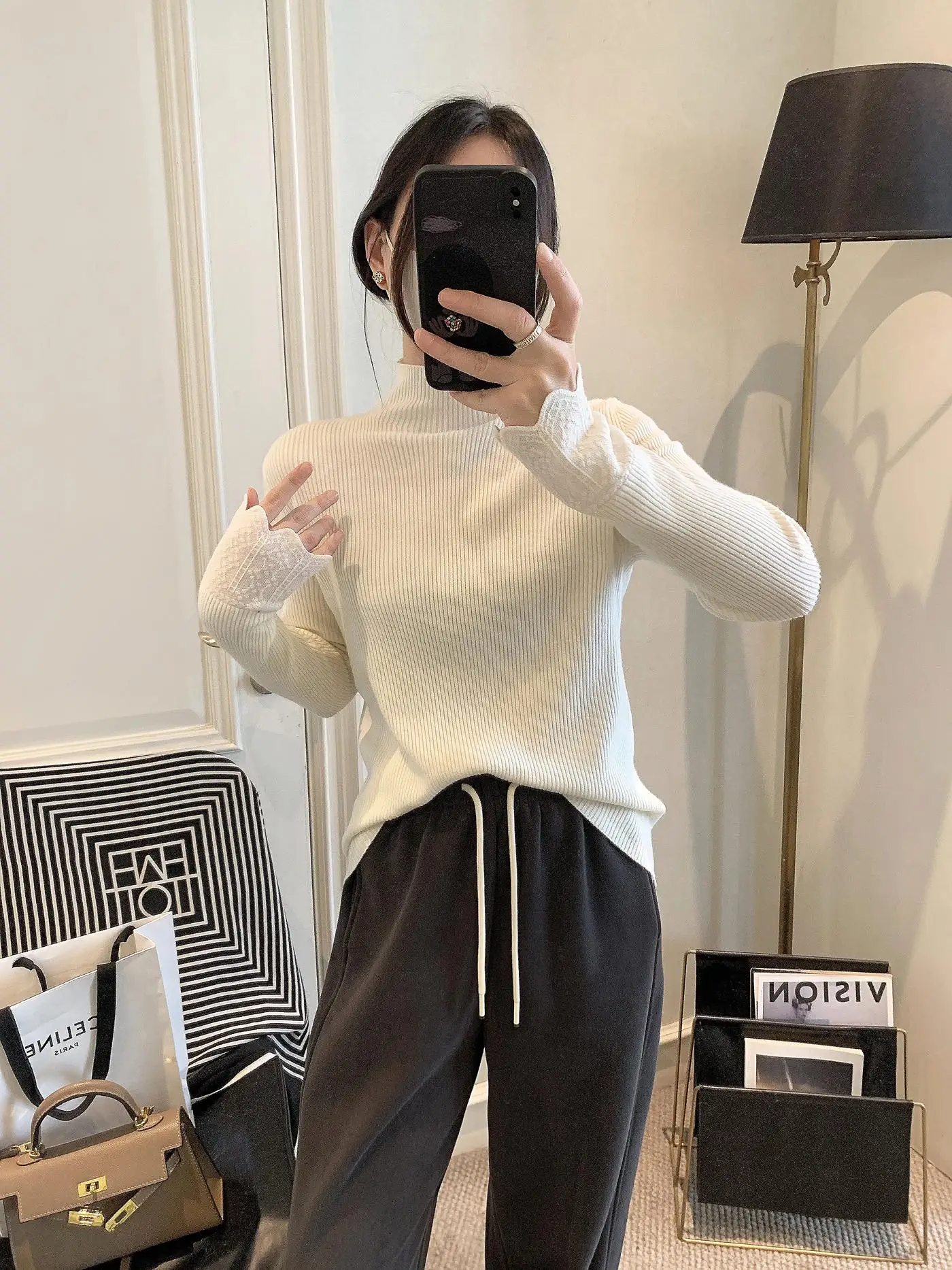 

Women's Wool Knitted f-High Collar Boting irt Faion Hook Flower Bell Sve Winter New Arrival Korean Sle Slim Fit