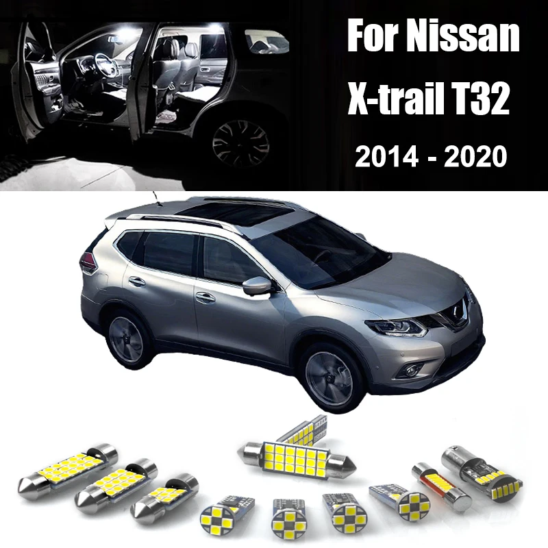 

Комплект из 9 светодиодных ламп для Nissan X-Trail T32 (2014-2020): освещение салона, лампа для чтения, подсветка багажника, аксессуары