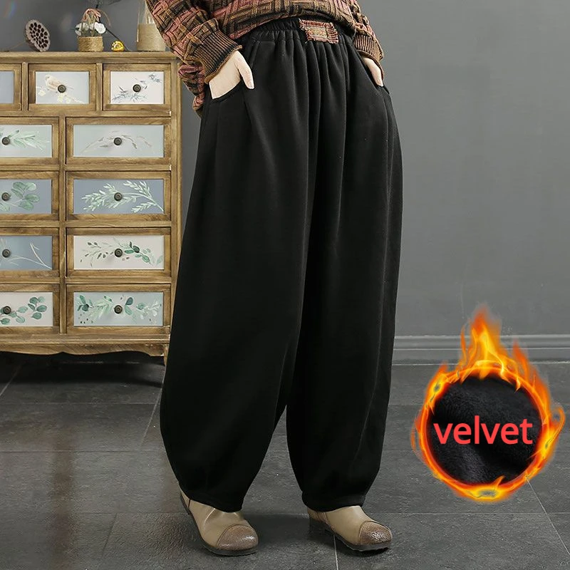 Plus-velvet Pants Women Solid Loose M-4XL Ankle-length Vintage All-match Thick Warm Cold-proof Thermal Female Simple Chic Mujer