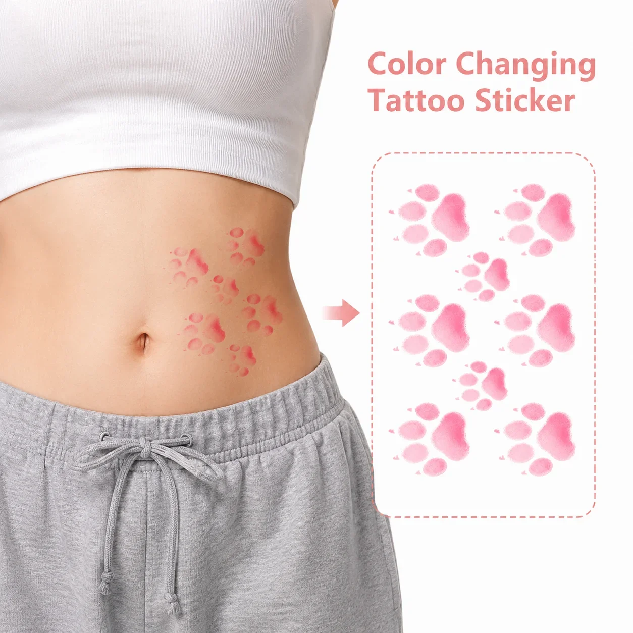 Autocollant de tatouage jetable à changement de couleur avec motif de patte, tatouage temporaire, art corporel imperméable