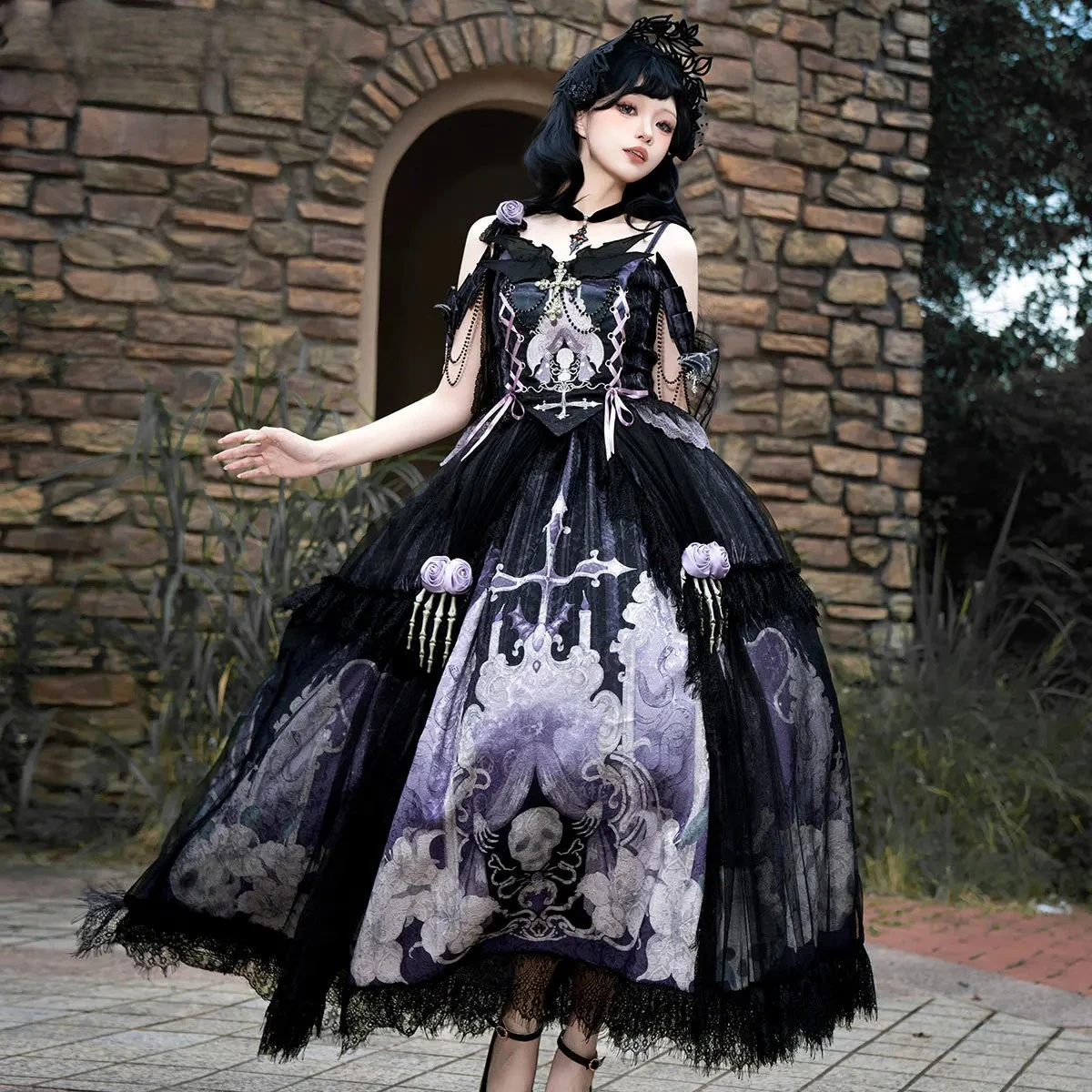 Original Gothic Halloween Cosplay Skirt Suits Retro Women's Elegant Camisole Sling Top + Long Skirt Two-Piece Outfits