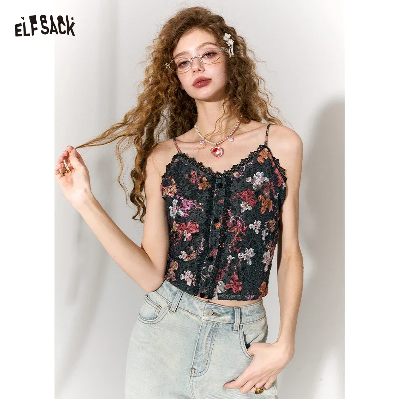 ELFSACK Y2K Sweet Casual  Velvet Floral Graphic Lace Trim Bustier Slip Top For Women