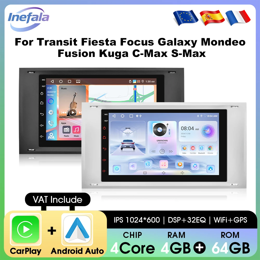 Inefala 7'' 2Din CarPlay Car Stereo GPS BT FM Multimedia For Transit Fiesta Focus Galaxy Mondeo Fusion Kuga C-Max S-Max Connect