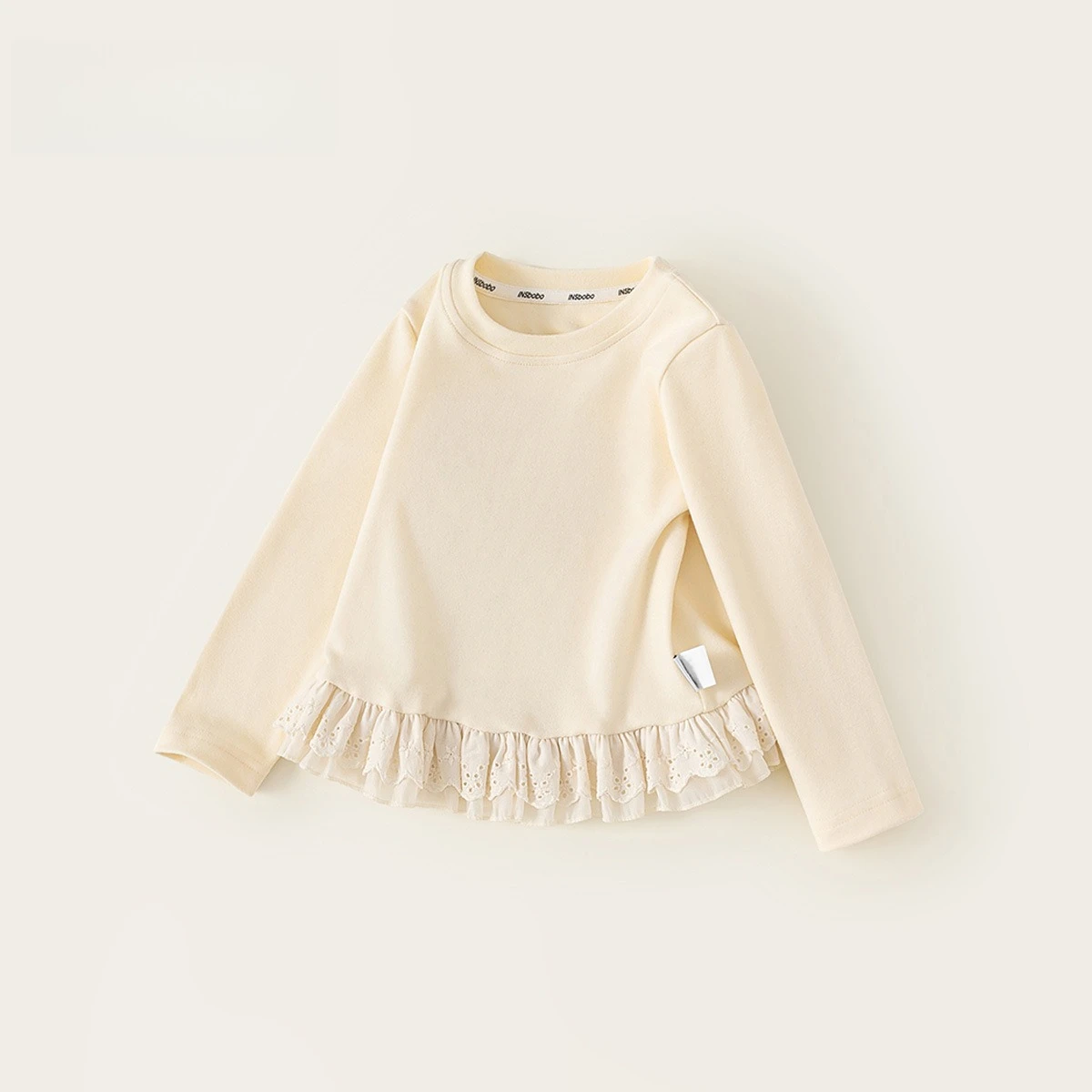 Autumn Kids Tops Lace Trim Apricot O-neck Long Sleeve Base Layer T-shirts