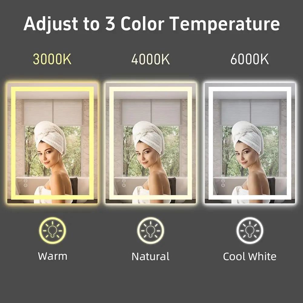 مرآة حمام LED، 36 × 24، مضادة للضباب، قابلة للتعتيم، بإضاءة خلفية وإضاءة أمامية، زجاج مقسى، حامل جداري، مقاوم للكسر #4