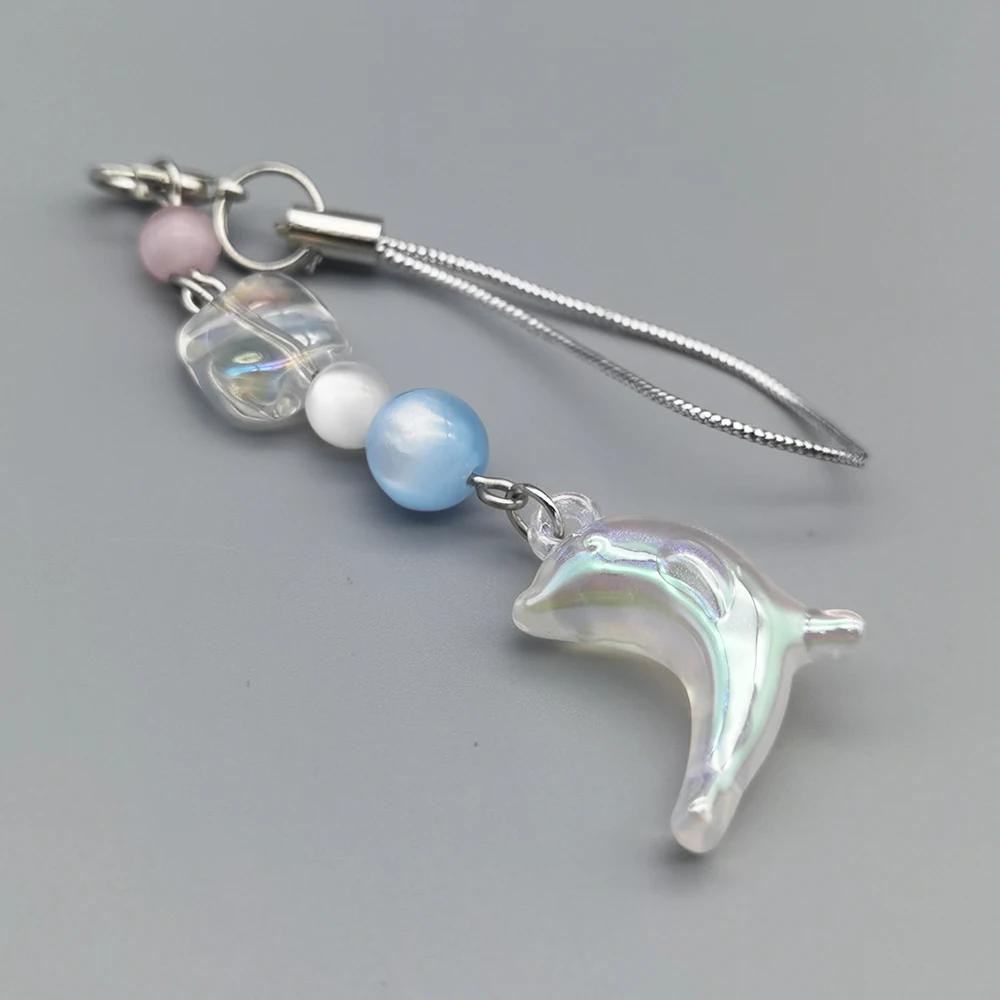 Original Design Kawaii Dolphin Phone Charm Ocean Style Pearl Bead Pendant Camera Bag Lanyard Keychain Cord