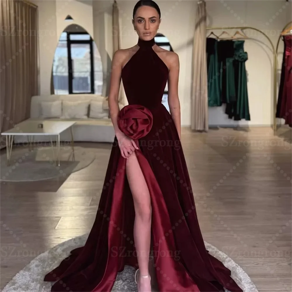 

Custom Made Formal Evening Dress Sleeveless Velet Side Slit Floor Length A-line Handmade Flowers Prom Party Dress with Train