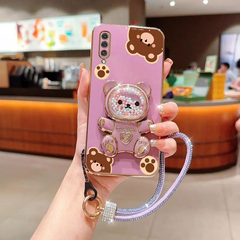 Diamond Wrist Strap Bear Phone Holder Case On For Samsung Galaxy A50 A50S A51 A70 A71 A91 A750 A750F A7 2018 4G Stand Back Cover