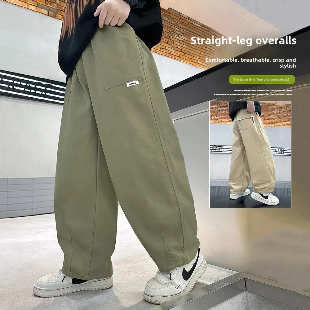 Spring 2024 New Solid Color Casual Men's Cargo Pants For Kids Large Medium Sized Lightweight Trousers Cross-border Style